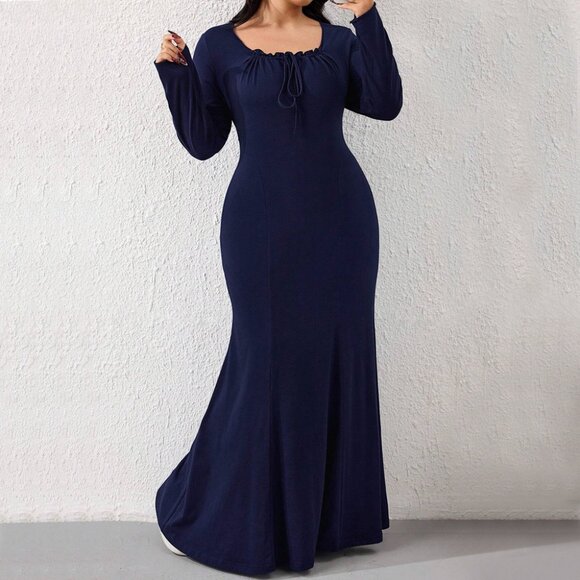 Dark Blue Elegant Maxi Dress – Long Sleeve Slim Fit High Waist Evening Gown - Picture 1 of 6